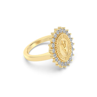 Arizona State Class Ring | ASU |Gold ring with a circular design and embedded stones on a white background