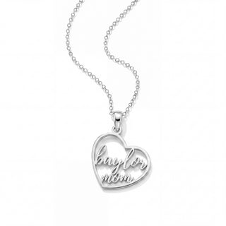 A silver heart-shaped pendant necklace with the words 'baylor mom' engraved inside the heart, suspended from a delicate silver chain on a white background.