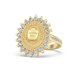Customizable University of Arkansas at Fayetteville Class Ring | Gold ring with diamond accents featuring the University of Arkansas logo on a white background