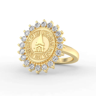 Customizable University of the Incarnate Word Class Ring | Gold ring with diamond accents featuring the University of the Incarnate Word emblem on a white background