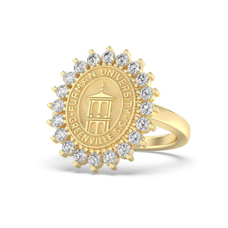 Furman University Class Ring | Gold ring with diamond accents featuring Furman University seal on a white background