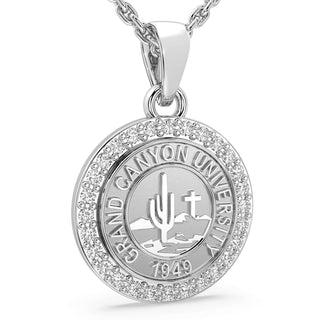 GCU Necklace | Grand Canyon University Graduation Pendant | Silver pendant with 'Grand Canyon University' emblem on a white background