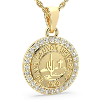 GCU Necklace | Grand Canyon University Graduation Pendant | Gold pendant with 'Grand Canyon University' engraving on a white background