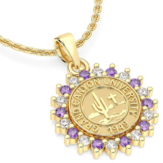 GCU Necklace | Grand Canyon University Graduation Pendant | Gold pendant with purple and white stones on a white background