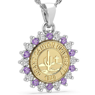 GCU Necklace | Grand Canyon University Graduation Pendant | Gold pendant with Grand Canyon University emblem and purple gemstones on a white background