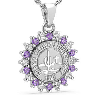 GCU Necklace | Grand Canyon University Graduation Pendant | Silver pendant with purple stones and 'Grand Canyon University' emblem on a white background
