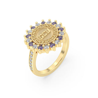 GCU Class Ring | Grand Canyon University Class Ring | 245 Prestige  Gold ring with purple and clear gemstones on a white background