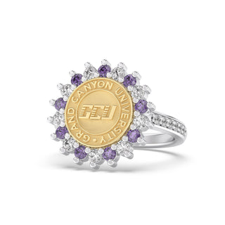 GCU Class Ring | Grand Canyon University Class Ring | 245 Prestige  Gold ring with purple gemstones and 'Grand Canyon University' logo on a white background