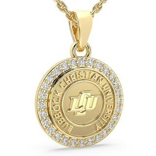 Lubbock Christian Necklace Gold pendant with 'Lubbock Christian University' text and logo on a white background
