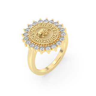 Ohio University Class Ring | San Jose Jewelers Custom College Ring | Gold ring with Ohio University seal and diamonds around the seal - top view