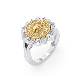 Ohio University Class Ring | San Jose Jewelers | Gold and silver ring with Ohio University emblem on a white background - Side View