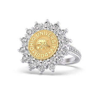 Ohio University Class Ring | San Jose Jewelers | Gold with Silver band Ohio University ring with diamond accents on a white background - Front View