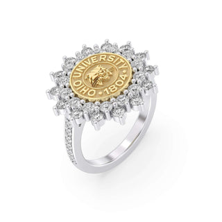 Ohio University Class Ring | San Jose Jewelers | Gold with Silver band Ohio University ring with diamond accents on a white background - Side View