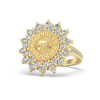 Ohio University Class Ring | San Jose Jewelers | Gold ring with diamond accents featuring Ohio University emblem on a white background - Front View