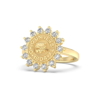 Ohio University Class Ring | San Jose Jewelers | Gold ring encrusted in Diamonds with 'Ohio University 1804' emblem on a white background - Front View
