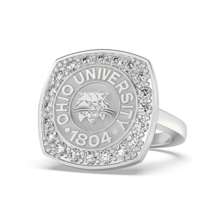 Ohio University Class Ring | San Jose Jewelers | Silver ring with diamond accents featuring Ohio University logo on a white background - Front View