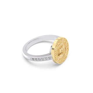Ohio University Class Ring | San Jose Jewelers | Gold Ohio University ring with silver band on a white background - Side View