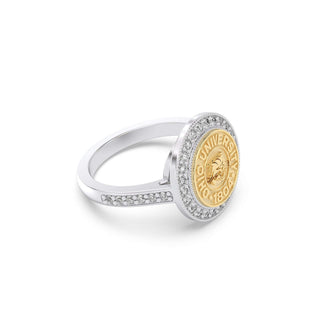 Ohio University Class Ring | San Jose Jewelers | Gold ring encrusted in Diamonds with a silver band with Ohio University emblem on a white background - Side View 