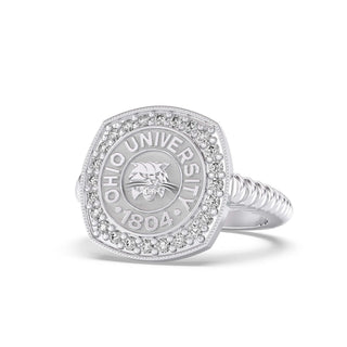 Ohio University Class Ring | San Jose Jewelers | Silver ring with a circular emblem on a white background - Front View