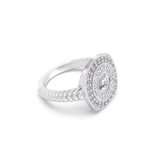 Ohio University Class Ring | San Jose Jewelers | Silver ring with a circular emblem on a white background - Side View