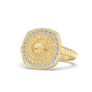 Ohio University | San Jose Jewelers | Gold ring with 'Ohio University' emblem and diamonds on a white background - Front View
