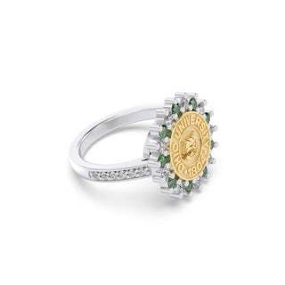 Ohio University Class Ring | San Jose Jewelers | Gold ring with 'University of Ohio 1804' engraving, encrusted in Diamond and Green Gemstones on a white background - Side View 