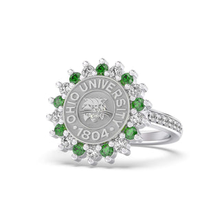 Ohio University Class Ring | San Jose Jewelers | Silver  ring with 'University of Ohio 1804' engraving, encrusted in Diamond and Green Gemstones on a white background - Front view