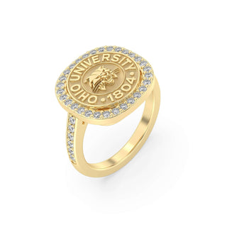 Ohio University Class Ring | San Jose Jewelers | Gold ring with 'Ohio University 1804' engraving on a white background - Top View
