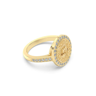 Ohio University Class Ring | San Jose Jewelers | Gold ring with university emblem encrusted in Diamonds on a white background - Side View