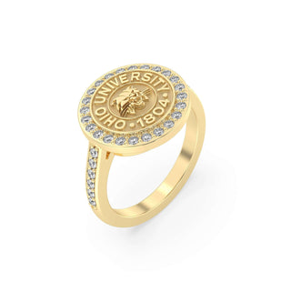 Ohio University Class Ring | San Jose Jewelers | Gold ring with university emblem encrusted in Diamonds on a white background - Top View