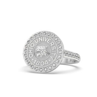 Ohio University Class Ring | San Jose Jewelers | Silver ring with university emblem encrusted in Diamonds on a white background - Front View