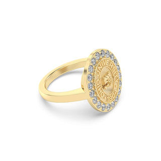 Ohio University Class Ring | San Jose Jewelers | Gold ring with Ohio University emblem and diamonds on a white background - Side View