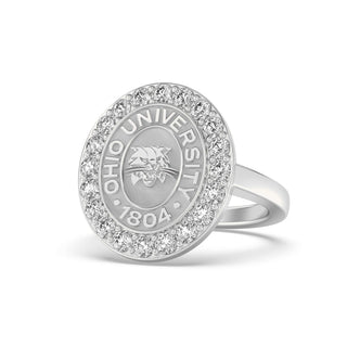 Ohio University Class Ring | San Jose Jewelers | Silver ring with Ohio University emblem and diamonds on a white background - Front View