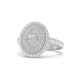 Ohio University Class Ring | San Jose Jewelers | Silver Ohio University ring on a white background - Front View
