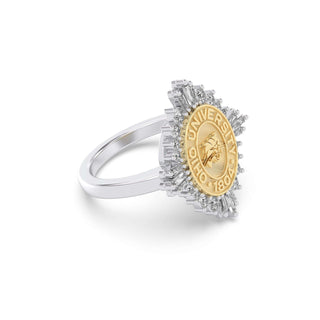 Ohio University Class Ring | San Jose Jewelers | Gold ring encrusted in Diamonds on a silver band with 'Ohio University 1804' emblem on a white background - Side View
