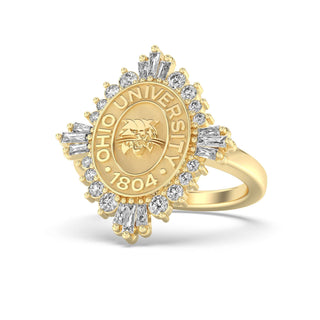 Ohio University Class Ring | San Jose Jewelers | Gold ring encrusted in Diamonds with 'Ohio University 1804' emblem on a white background - Front View