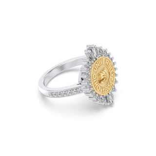 Ohio University Class Ring | San Jose Jewelers | Gold ring on a Silver band with Ohio University emblem on a white background - Side View