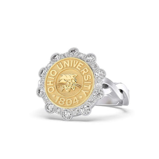 Ohio University Class Ring | San Jose Jewelers | Gold seal and silver band with Ohio University emblem on a white background - Front View