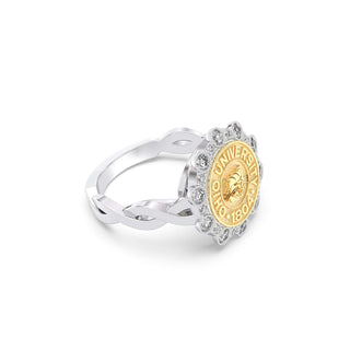 Ohio University Class Ring | San Jose Jewelers | Gold seal and silver band with Ohio University emblem on a white background - Side View