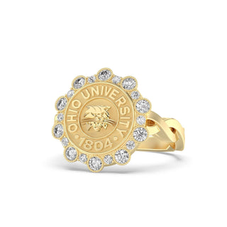 Ohio University Class Ring | San Jose Jewelers | Gold ring with 'Ohio University' emblem and diamond accents on a white background - Front View