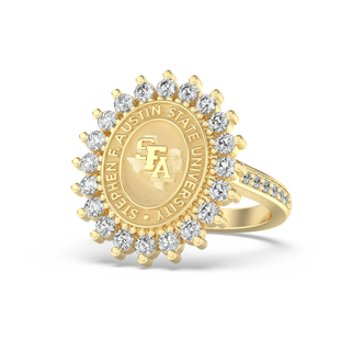 Customizable Stephen F Austin State University Class Ring | Gold ring with diamonds and Stephen F. Austin State University emblem on a white background