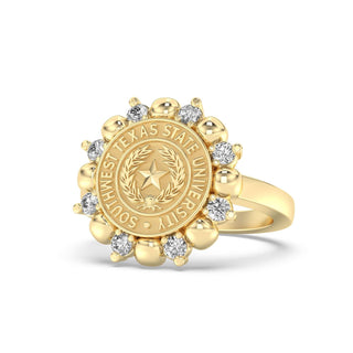 Southwest Texas State University Class Ring in 14k Gold | San Jose Jewelers SWT Graduation Ring With Diamonds