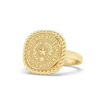 Southwest Texas State University Class Ring in 14k Gold | San Jose Jewelers SWT Graduation Ring With Diamonds