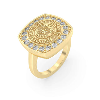 Southwest Texas State University Class Ring in 14k Gold | San Jose Jewelers SWT Graduation Ring With Diamonds