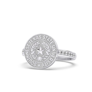Southwest Texas State University Class Ring in 14k Gold | San Jose Jewelers SWT Graduation Ring With Diamonds