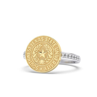 Southwest Texas State University Class Ring in 14k Gold | San Jose Jewelers SWT Graduation Ring With Diamonds