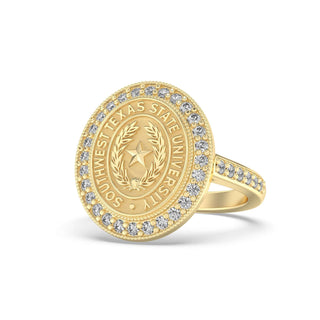 Southwest Texas State University Class Ring in 14k Gold | San Jose Jewelers SWT Graduation Ring With Diamonds