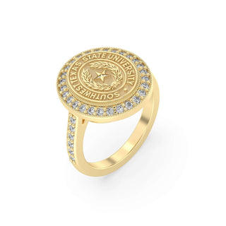 Southwest Texas State University Class Ring in 14k Gold | San Jose Jewelers SWT Graduation Ring With Diamonds