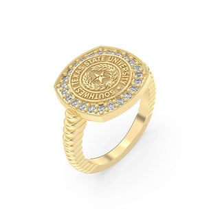 Southwest Texas State University Class Ring in 14k Gold | San Jose Jewelers SWT Graduation Ring With Diamonds