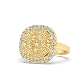 Southwest Texas State University Class Ring in 14k Gold | San Jose Jewelers SWT Graduation Ring With Diamonds